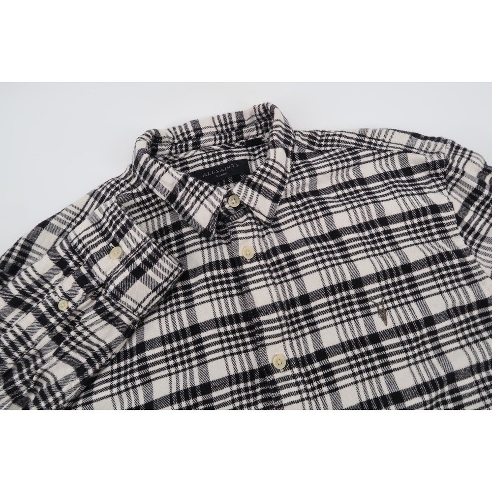 AllSaints Maupin Shirt Mens Large Black White Plaid Flannel Ramskull Logo